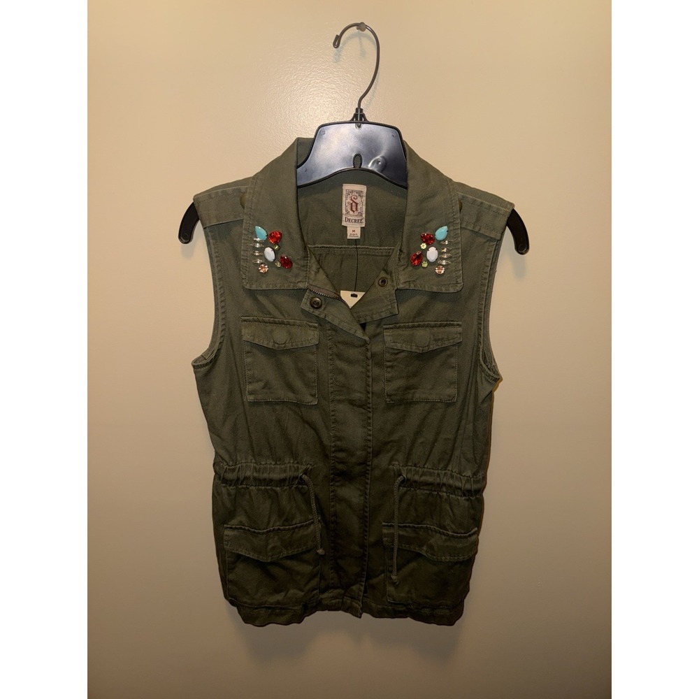 Olive Green Denim Jeweled Vest By Decree Drawstring Snap Size Medium NWT